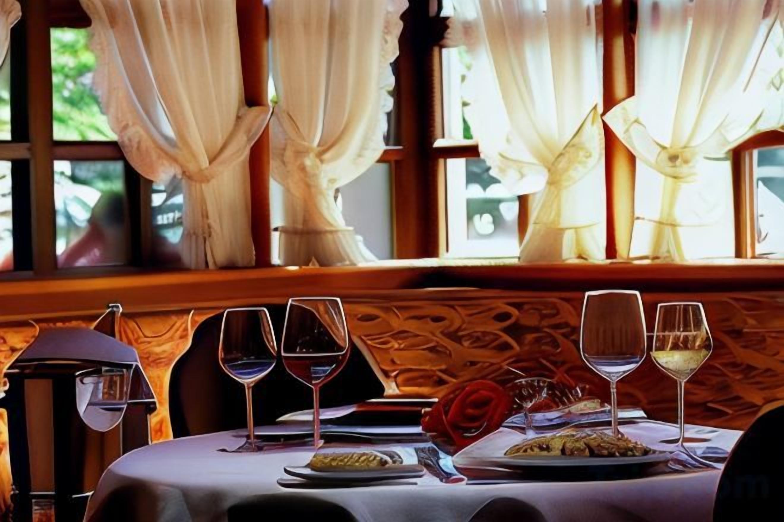 A dining table with wine glasses, plates of food, and a candle.