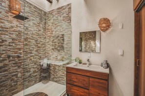 Shower, hair dryer, shampoo