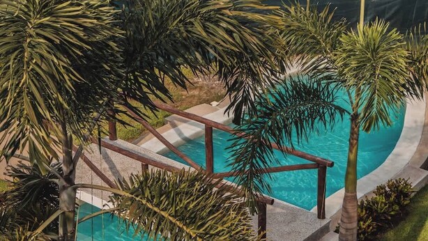 A swimming pool surrounded by palm trees and a wooden deck. - Casa Mercurio (San Pancho)
