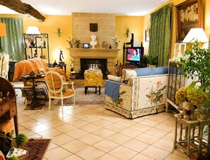 Un salon avec une cheminée, un téléviseur et un canapé.