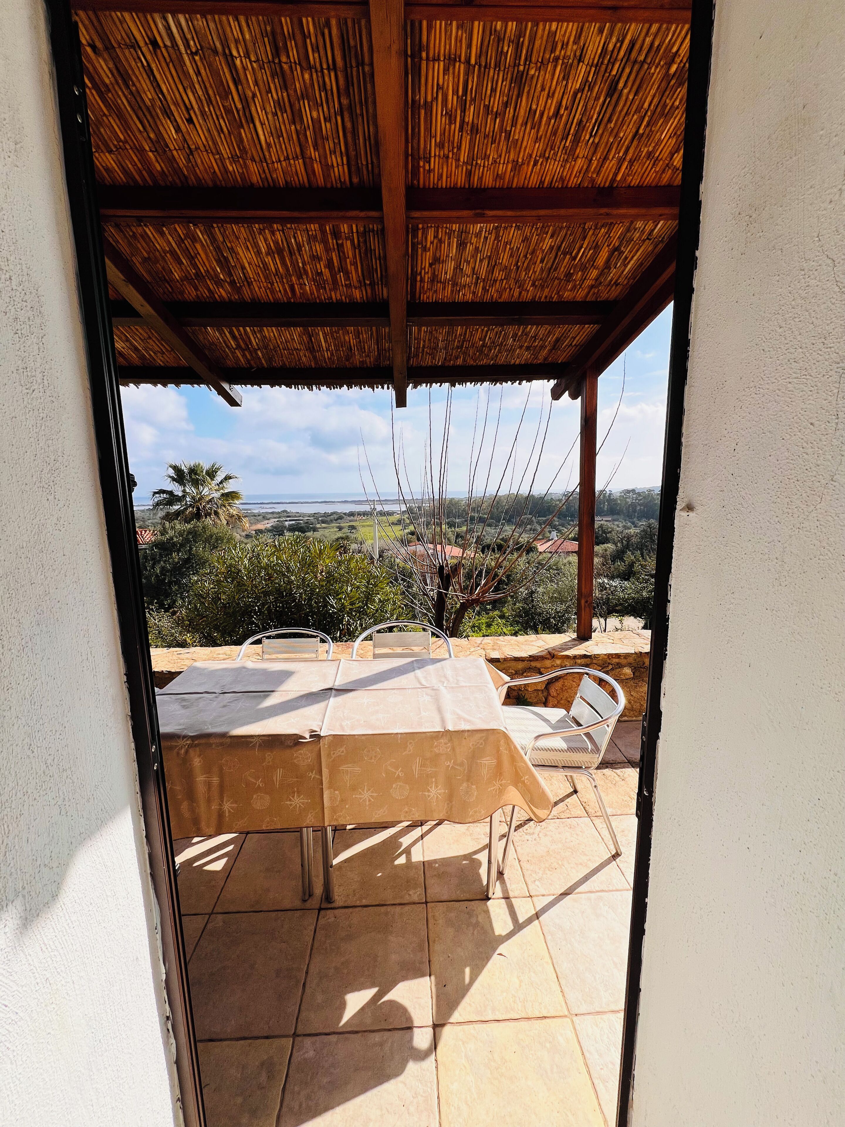 Ein überdachter Außenbereich mit Tisch und Stühlen, Blick auf die Landschaft und einem Reetdachgebäude.