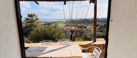 A covered outdoor seating area with a table and chairs, a view of the landscape, and a thatched roof structure.