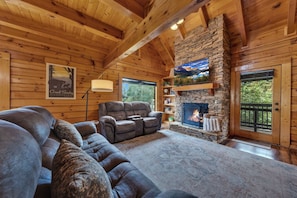 TV, fireplace, video games, foosball