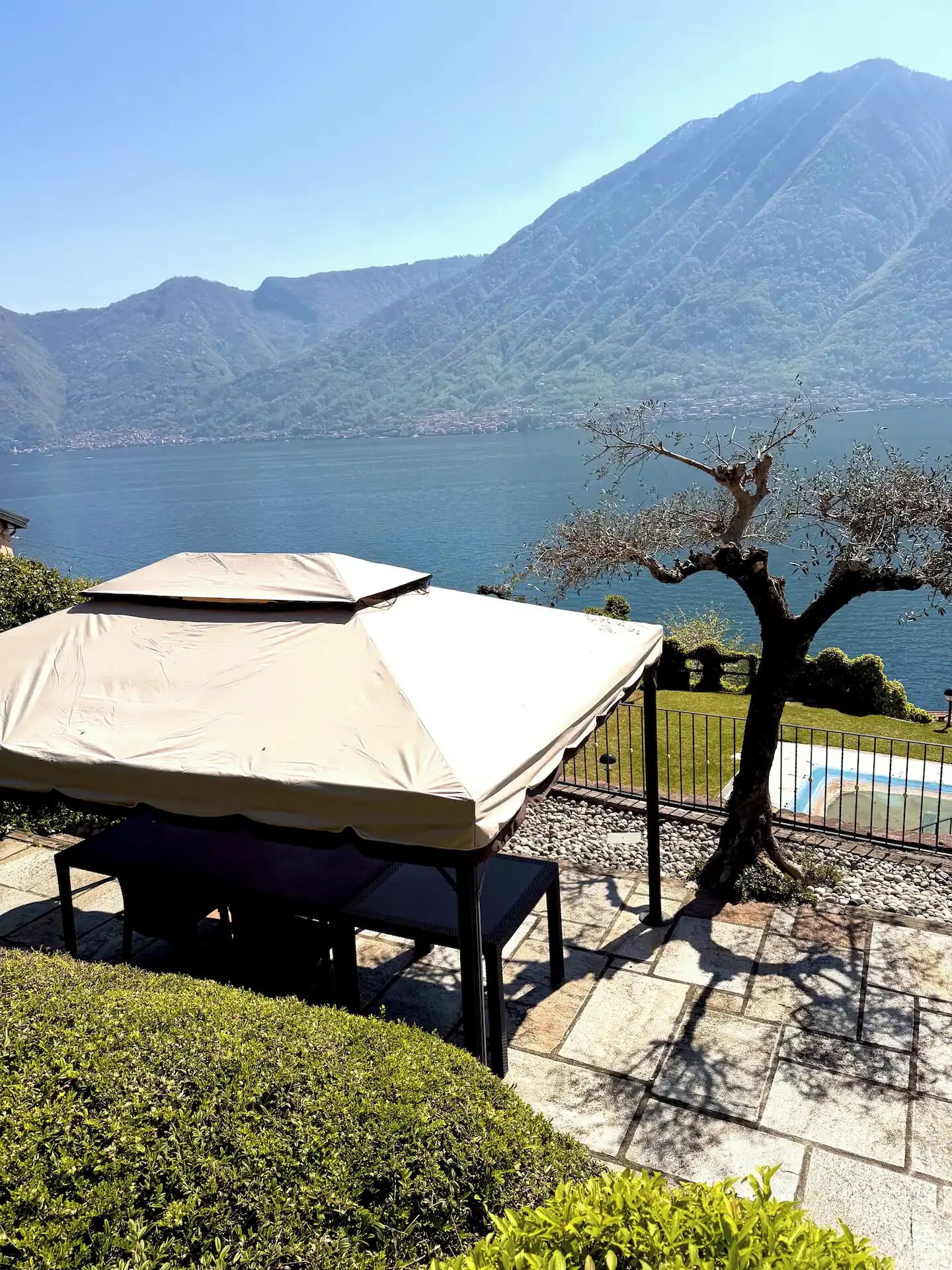 A patio with a table and chairs, a tree, and a view of a lake and mountains.