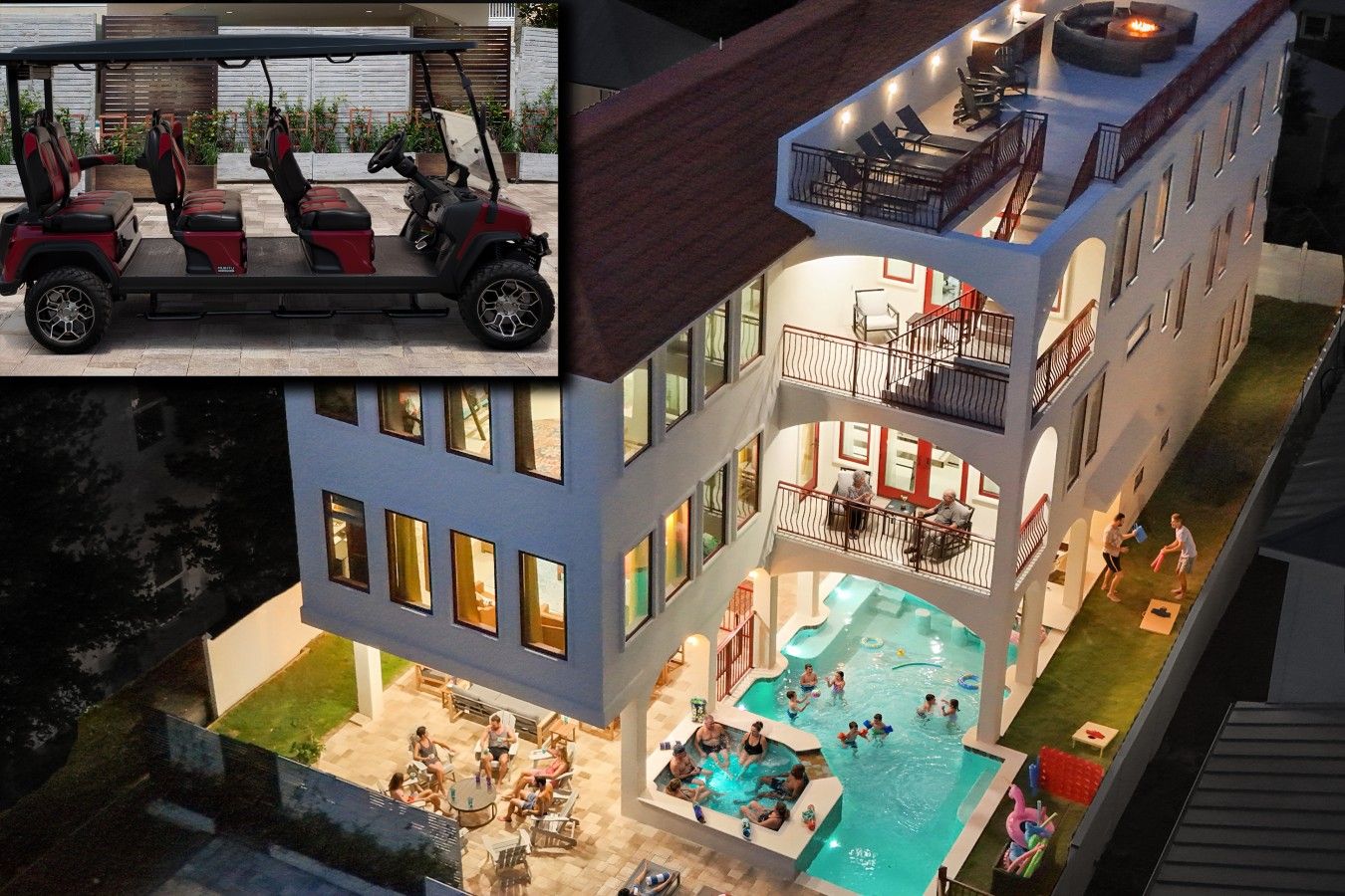 A multi-story building with a rooftop deck, a swimming pool, and a golf cart.