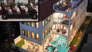 A multi-story building with a rooftop deck, a swimming pool, and a golf cart.