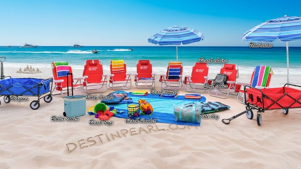 Une plage avec des chaises longues, des parasols, une piscine et divers jouets de plage.