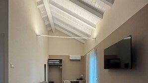 Un salon moderne avec un plancher en bois, un canapé gris, un téléviseur à écran plat fixé au mur et une lucarne au plafond.