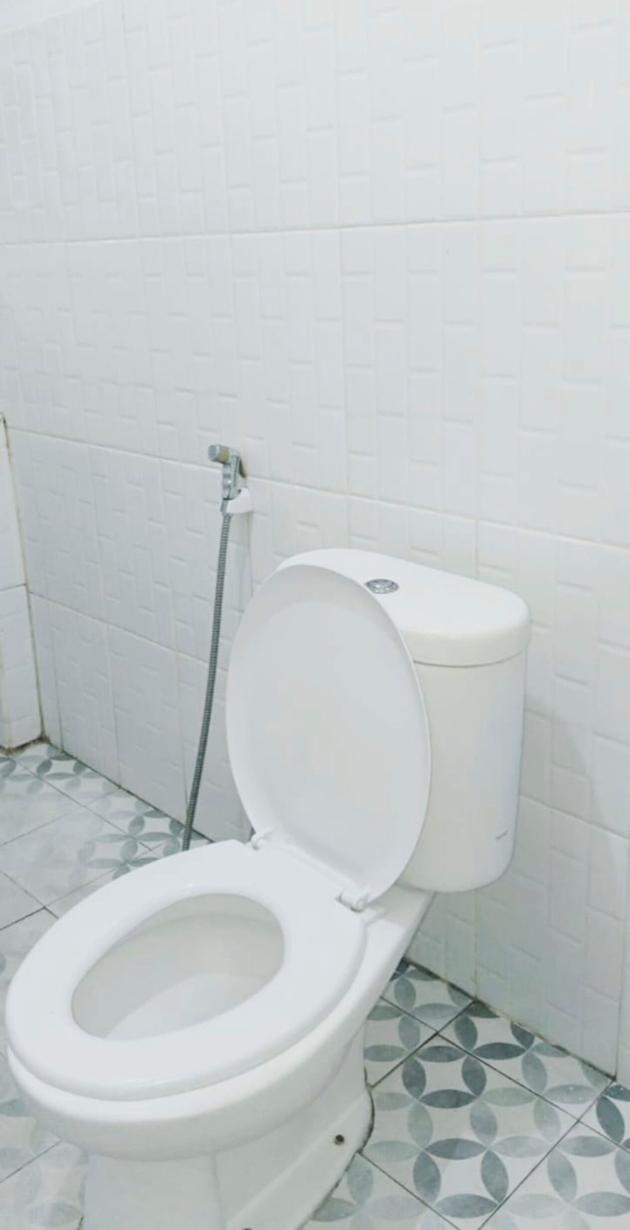 Een wit toilet met gesloten deksel, een bedieningsknop en een douchetoilet.