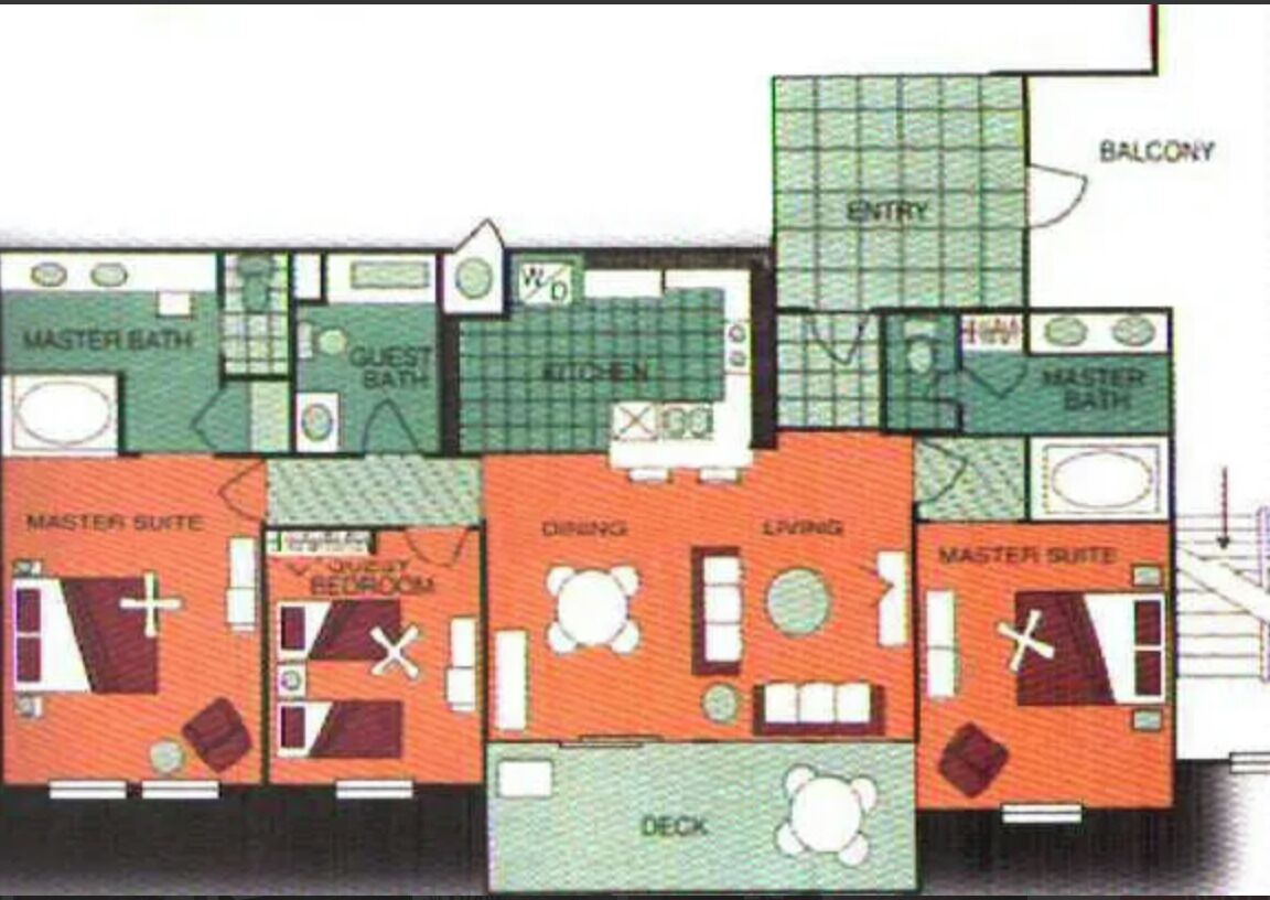 A hotel floor plan with master suites, a balcony, a deck, and a kitchen.