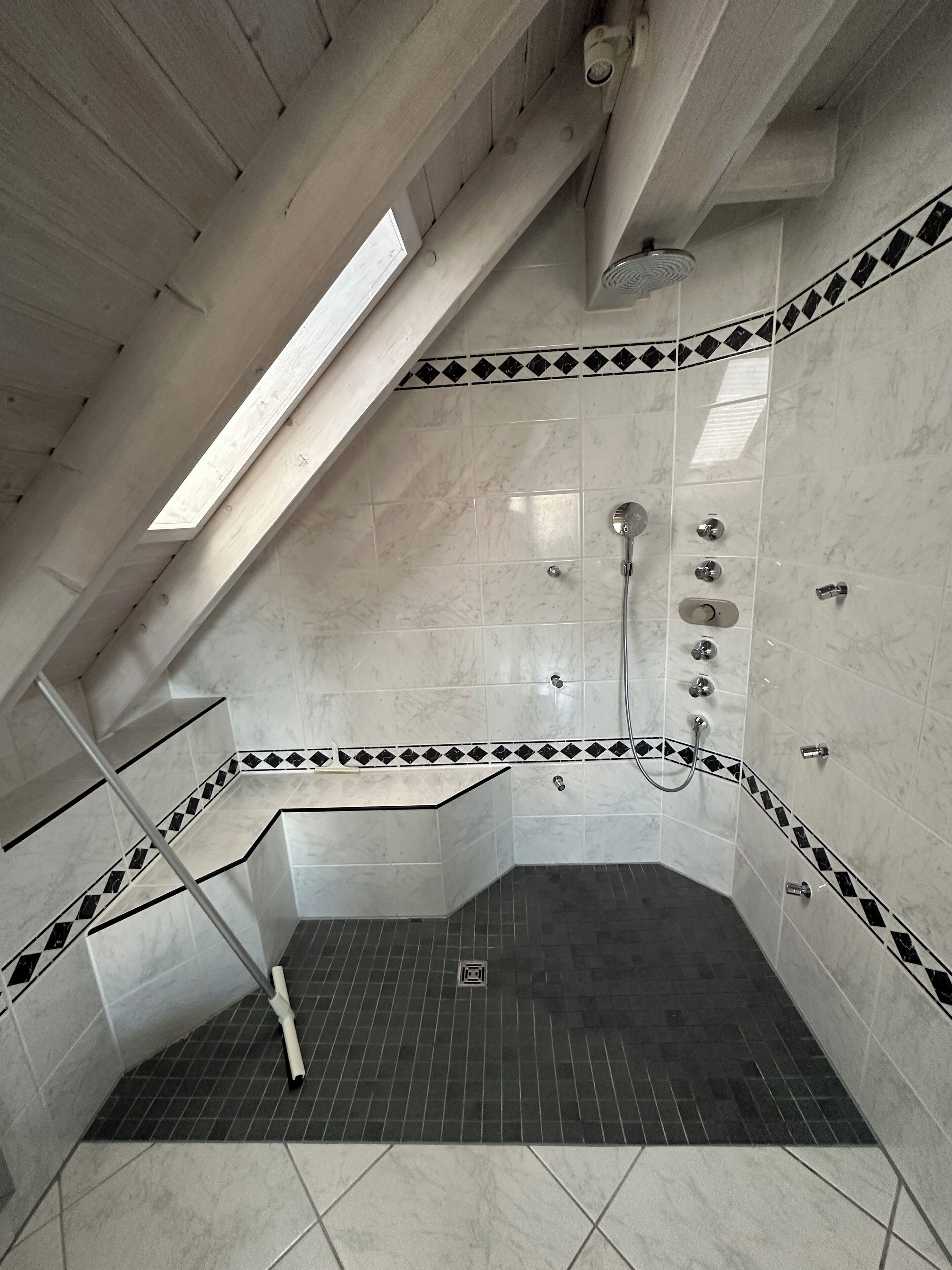 A shower with a black and white tiled design, a visible showerhead, and a tiled floor.
