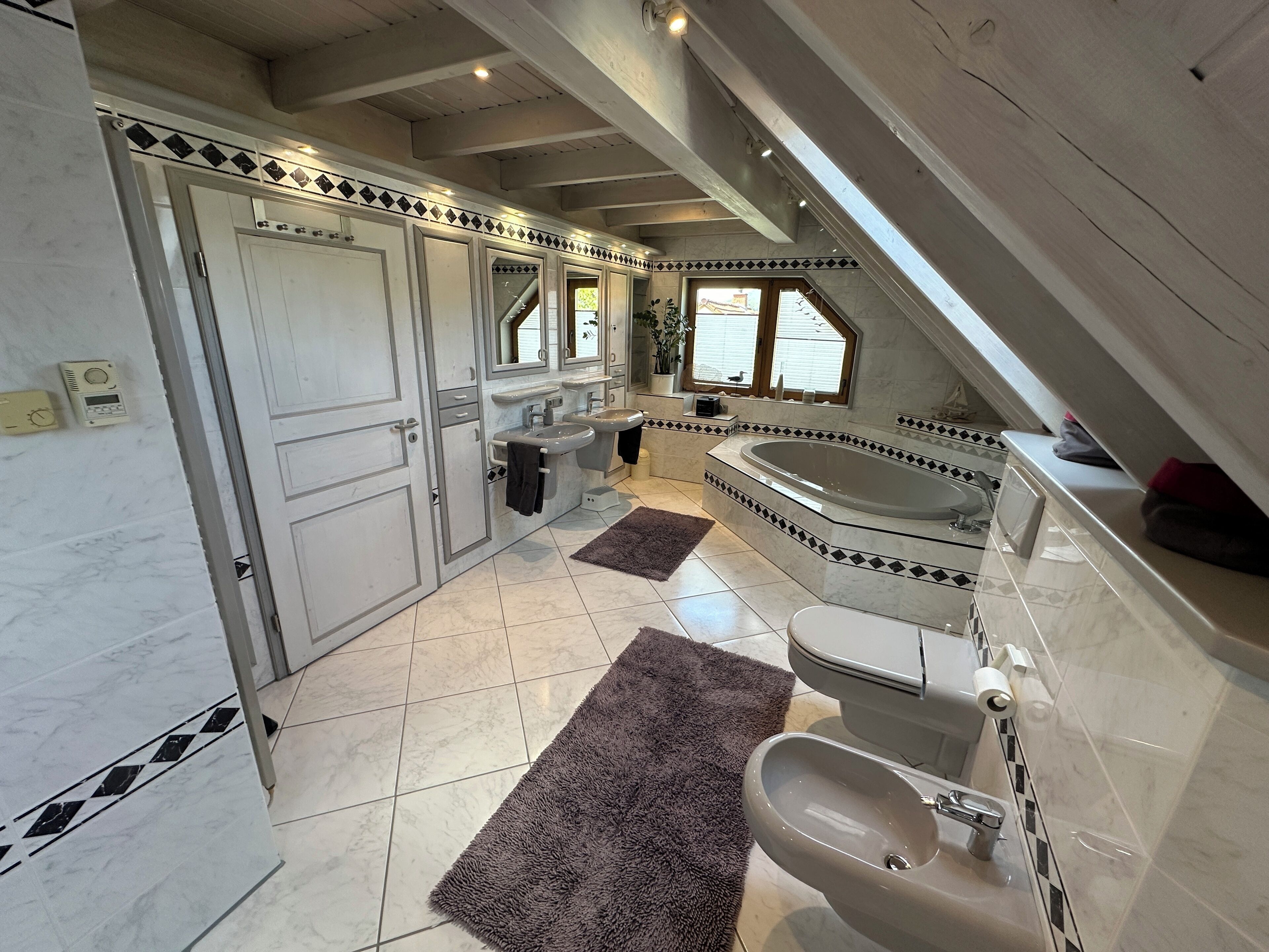 Shower, hair dryer, bidet, towels