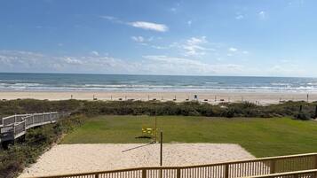 On the beach, beach umbrellas, beach towels, beach volleyball