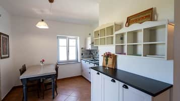 Fridge, coffee/tea maker, electric kettle, cookware/dishes/utensils