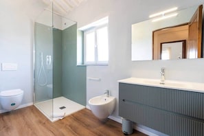 Shower, eco-friendly toiletries, hair dryer, bidet