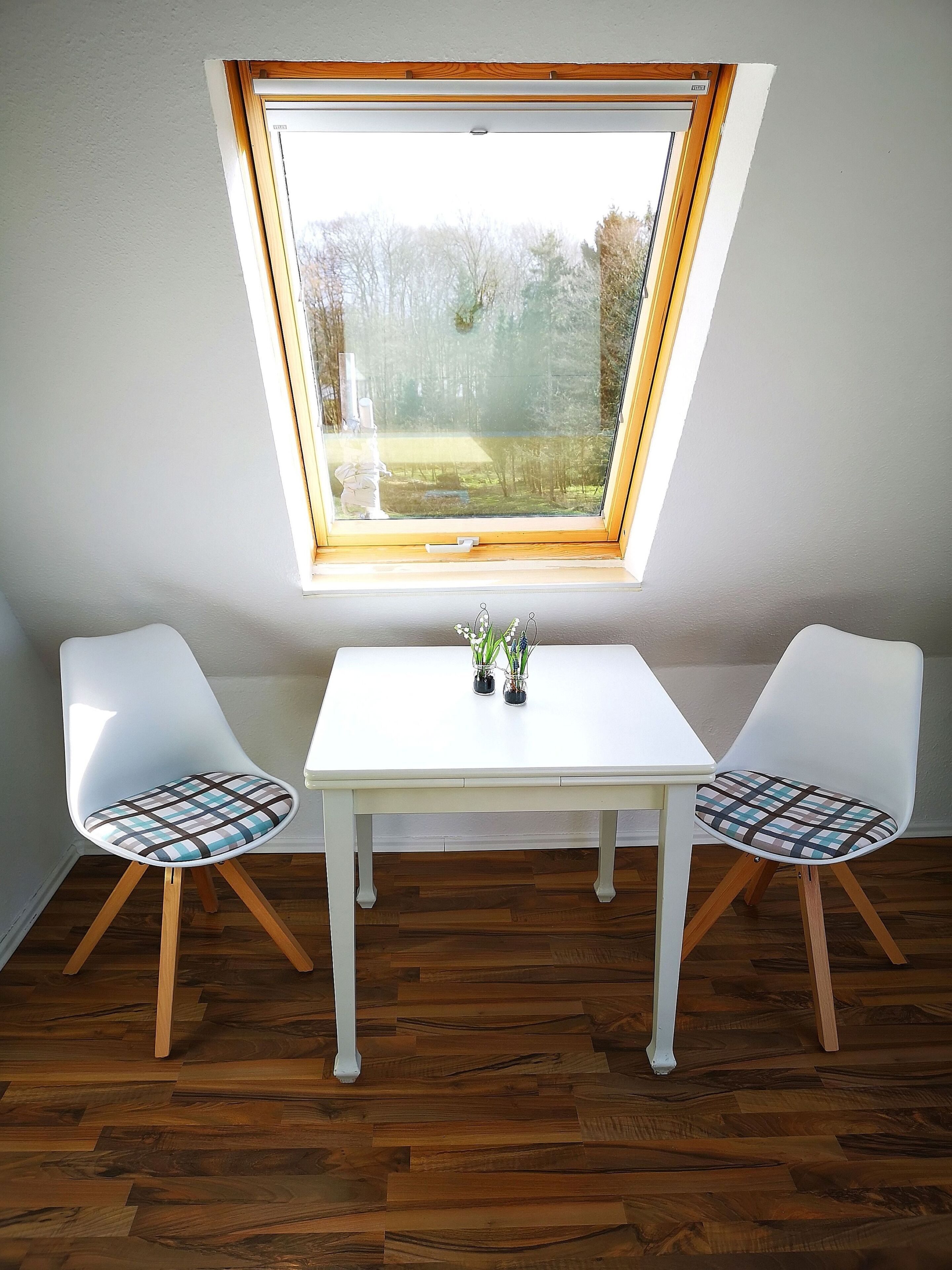 Een kamer met dakraam, twee witte stoelen met gestreepte kussens, een witte tafel en een kleine plant.