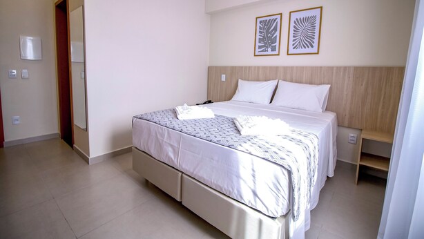 A hotel room with a large bed, a wooden headboard, two framed wall art pieces, a bedside table, and a power outlet. - MLG HOTEL (Mogi das Cruzes)