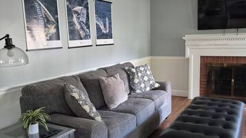 Una Smart TV, una chimenea, libros