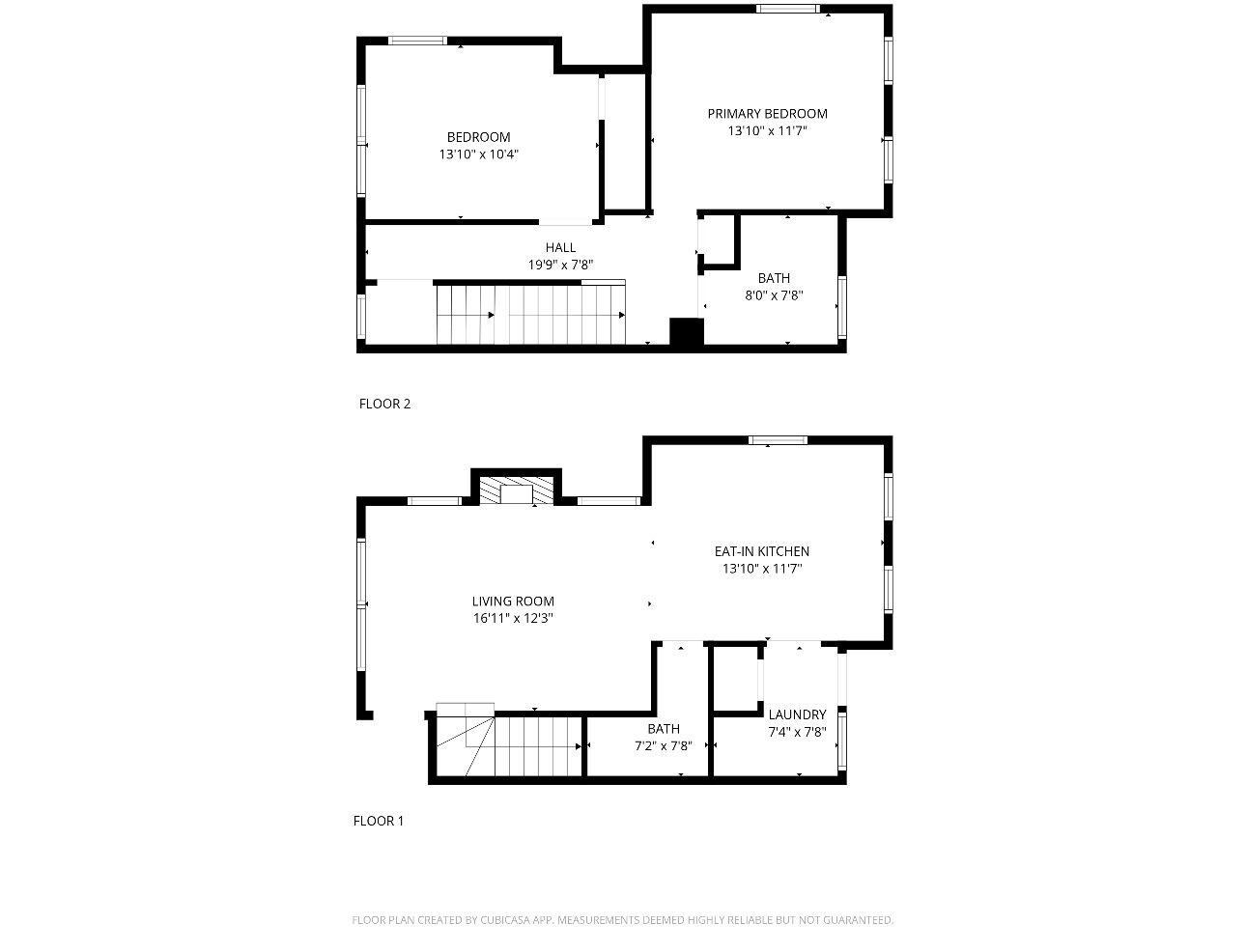 Plano de planta de un edificio de dos pisos con dormitorio, habitación principal, pasillo, cocina comedor, sala de estar, baño y área de lavandería.