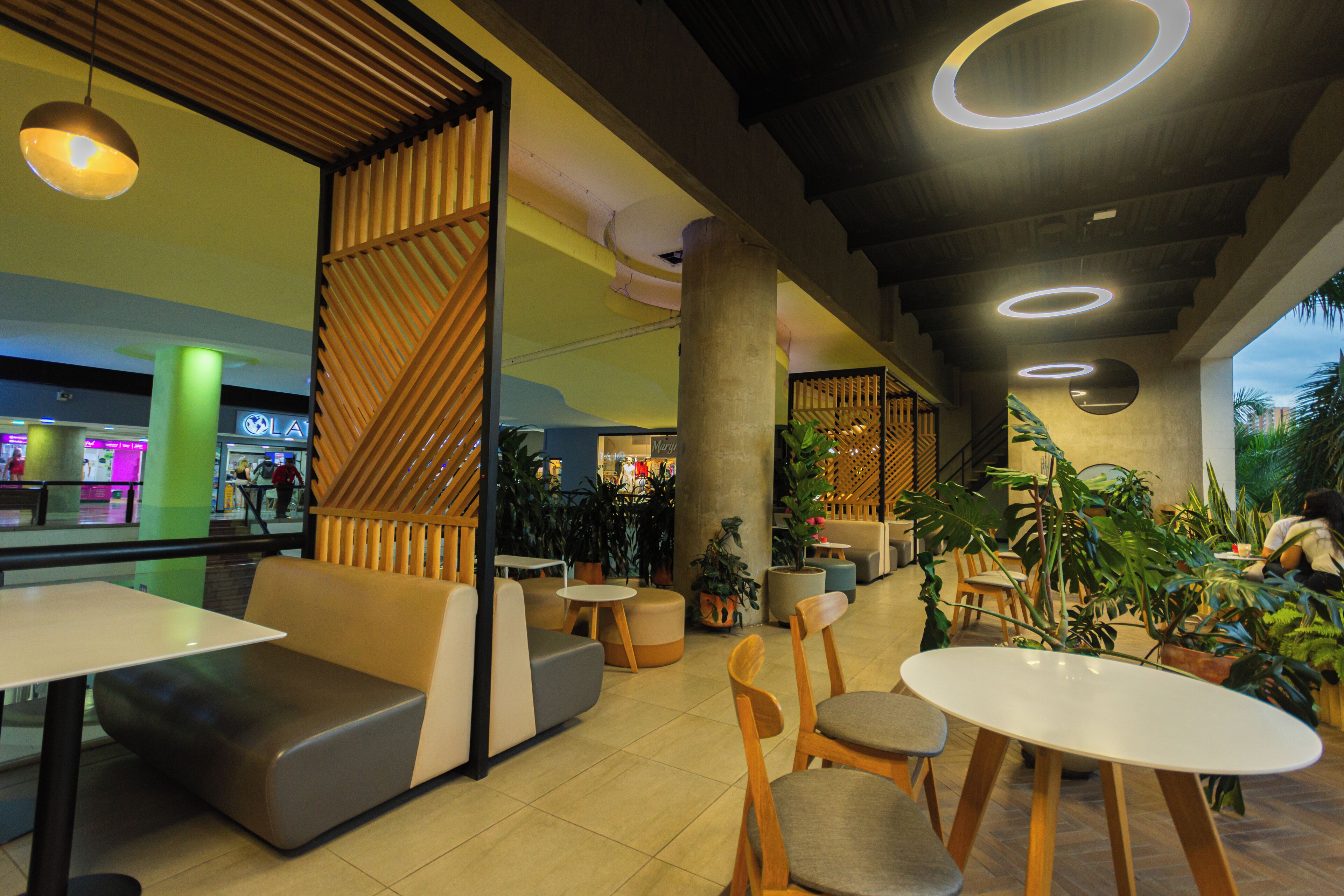 A modern indoor space with seating areas, wooden furniture, and a variety of plants.