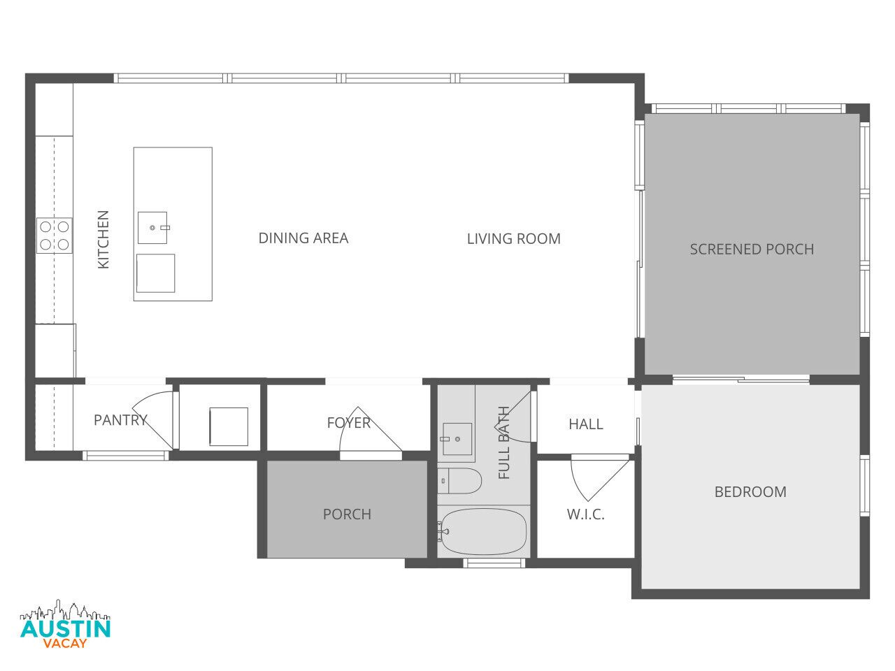 A floor plan of a hotel with a dining area, living room, screened porch, kitchen, pantry, foyer, full bath, hall, and bedroom.