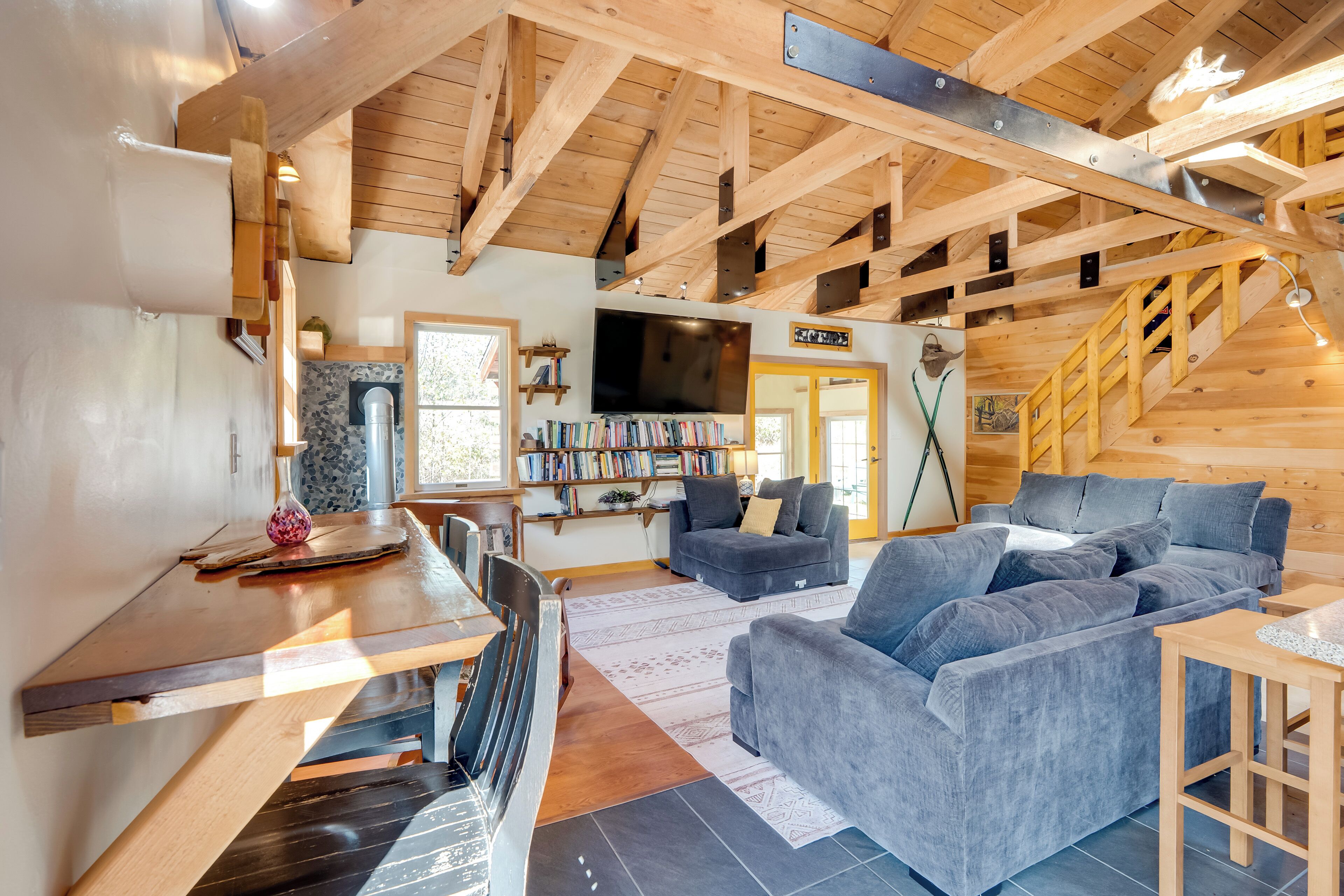 TV, fireplace, books