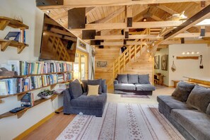 TV, fireplace, books