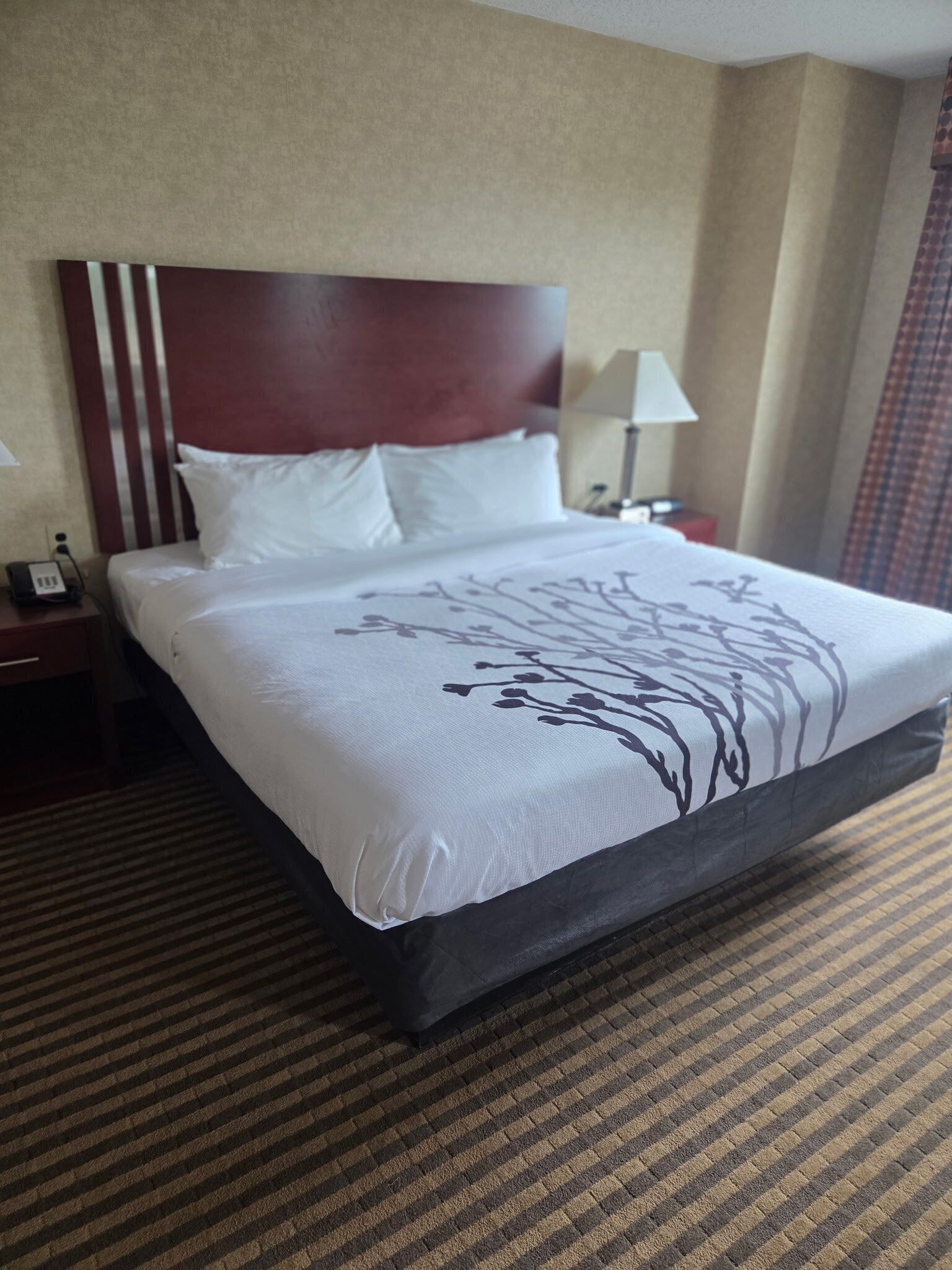 Ein Hotelzimmer mit einem großen Bett, einem Holzkopfende, einem Nachttisch mit Lampe und einem gemusterten Teppich.