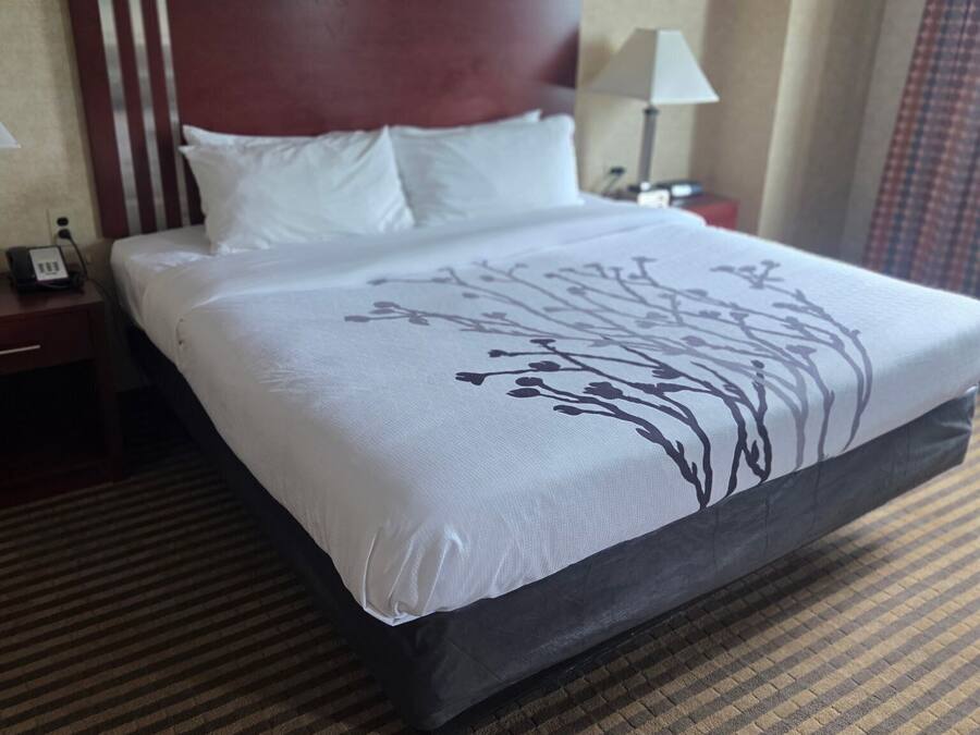 Een hotelkamer met een groot bed, een houten hoofdeinde, een nachtkastje met een lamp en een kamerbreed tapijt met een patroon.