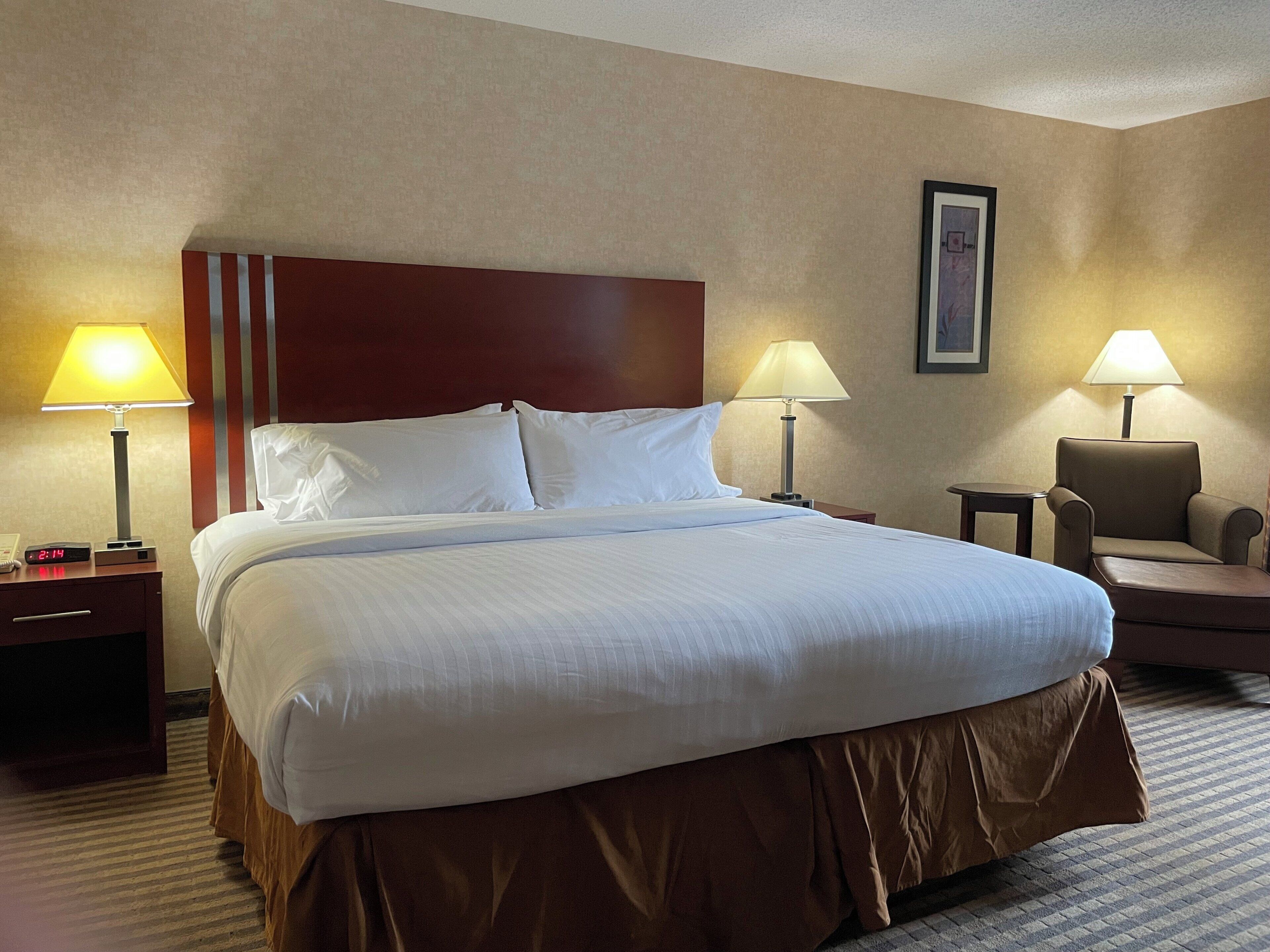 Habitación de hotel con una cama grande, dos mesitas de noche, dos lámparas, una silla y un cuadro en la pared.