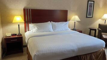 A hotel room with a large bed, two bedside tables with lamps, a chair, and a framed picture on the wall.