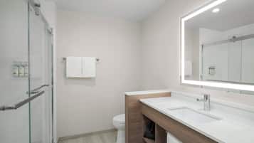 Un baño moderno con cabina de ducha de vidrio, inodoro blanco y tocador con espejo.