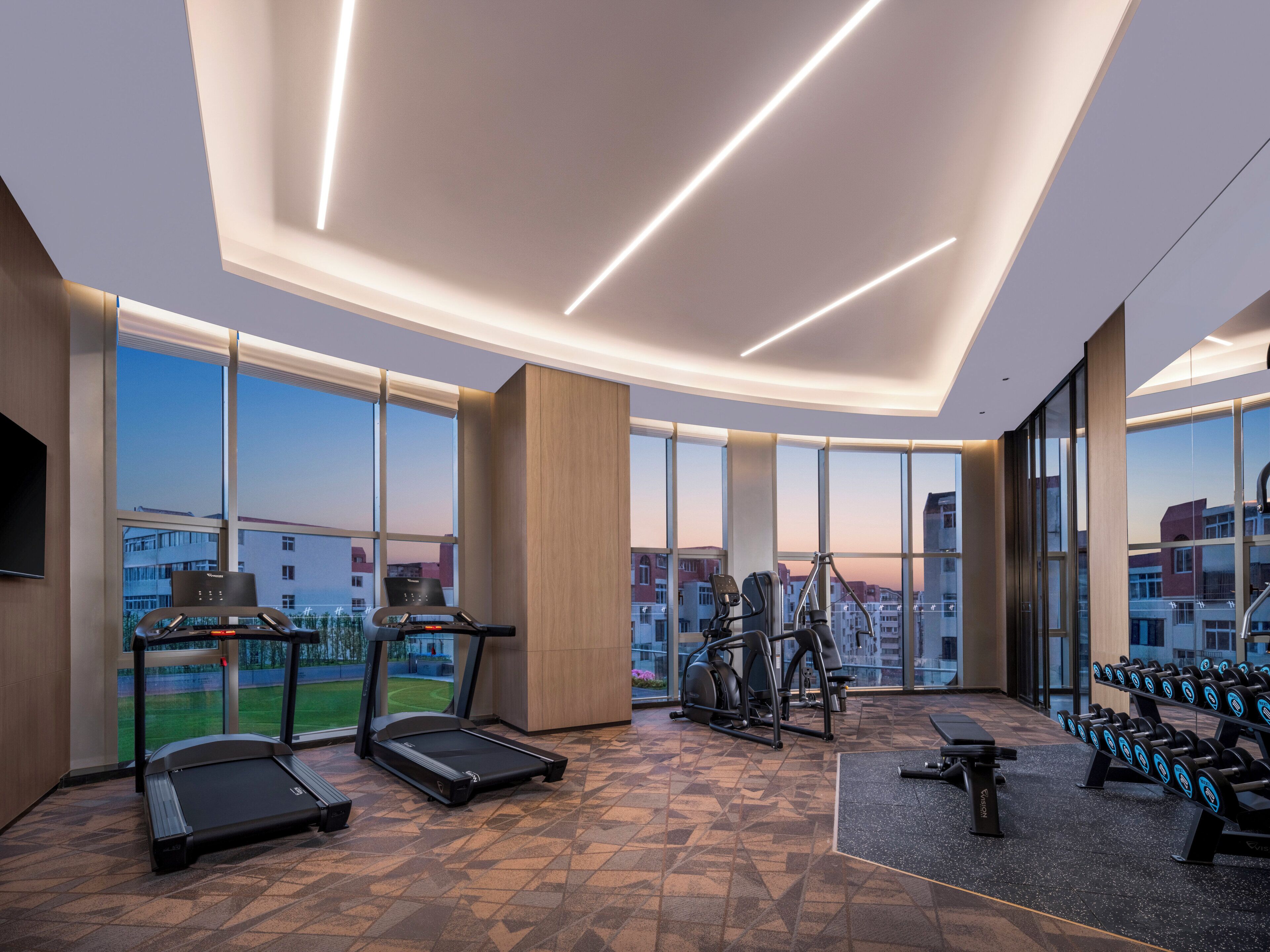 A modern gym with treadmills, elliptical machines, and dumbbells, large windows offering city views.