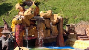 A clear pool with a rocky waterfall and a hill in the background. - Hotel pekin (San Carlos)