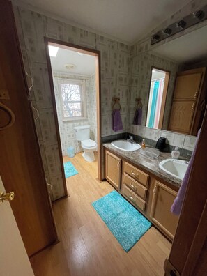 Hair dryer, towels, soap