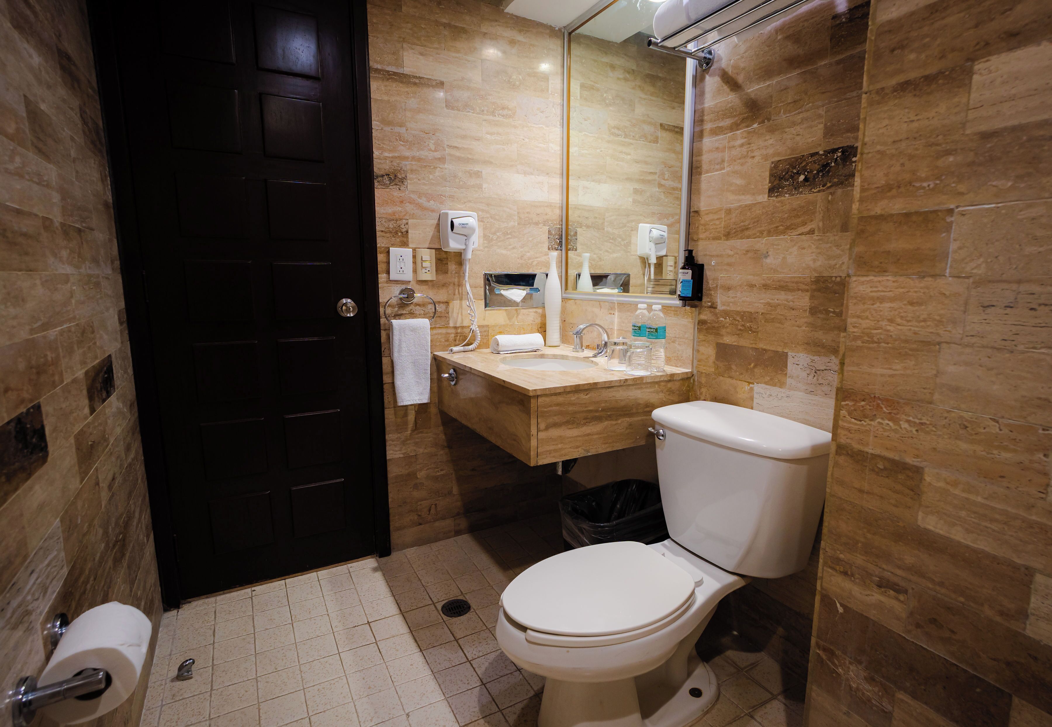 A bathroom with a toilet, sink, and mirror.