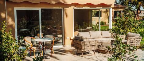 Deluxe Double Room, Patio, Garden View | In-room safe, desk, free WiFi, wheelchair access