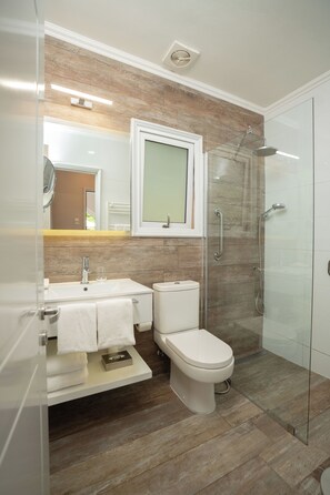 Habitación estándar doble, vistas al jardín | Baño | Ducha, secador de pelo, toallas y jabón