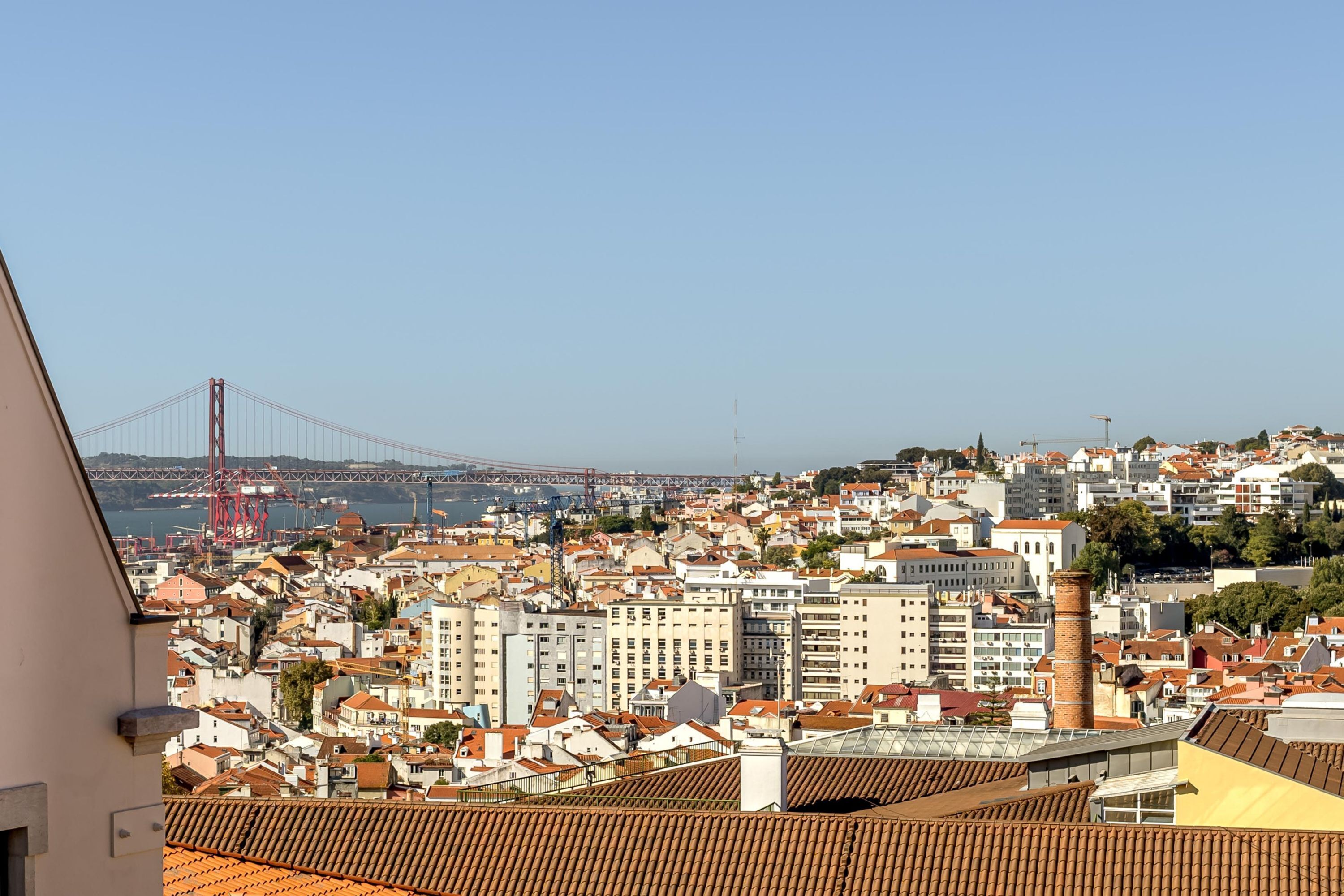 Panorama urbano con un ponte imponente sullo sfondo, diversi edifici e cielo sereno.