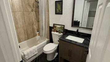 Jetted tub, hair dryer, bidet, towels