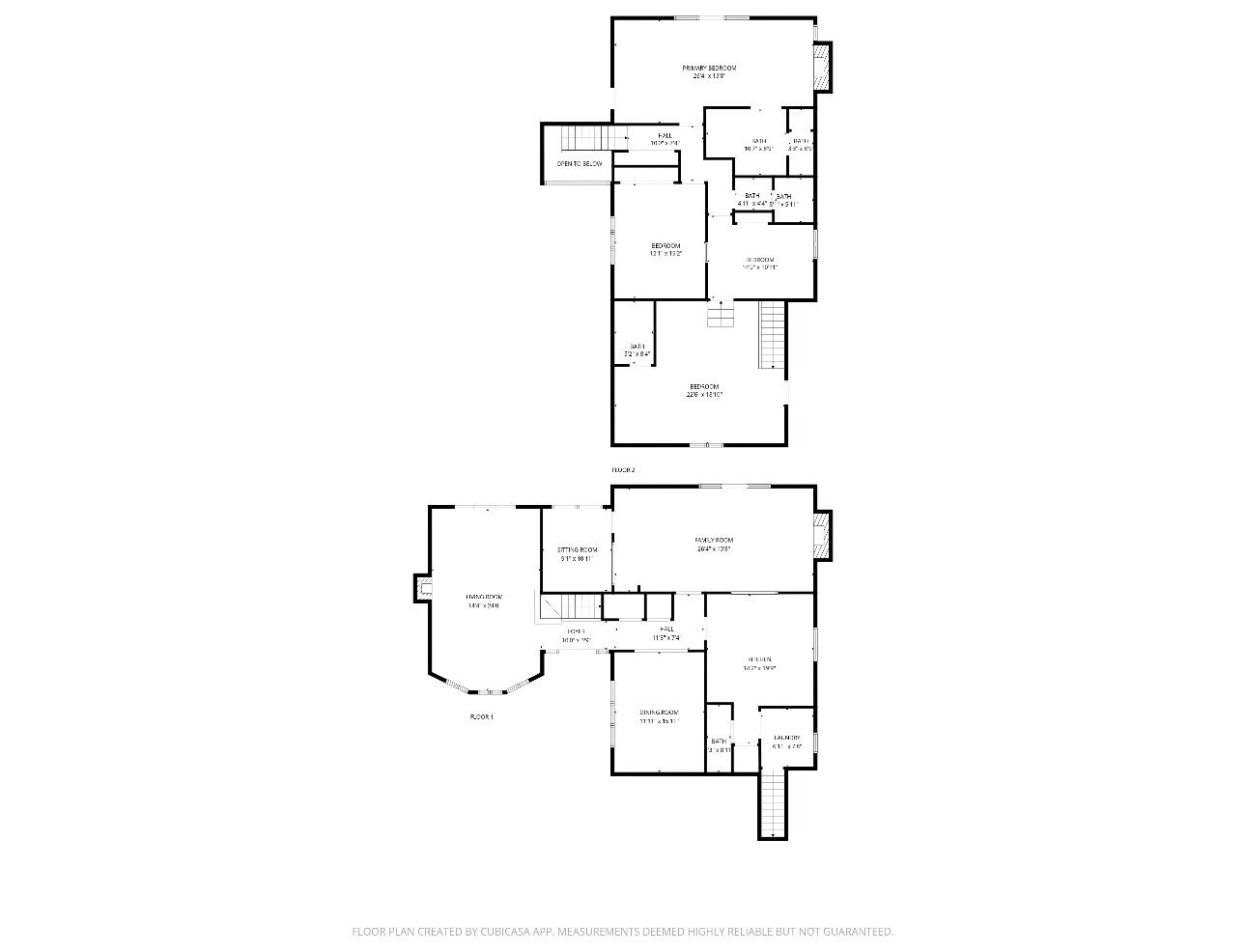 A floor plan with two bedrooms, a sitting room, a family room, a dining room, and a bathroom.