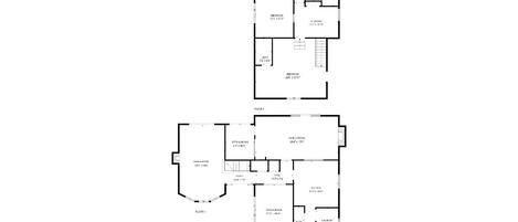 A floor plan with two bedrooms, a sitting room, a family room, a dining room, and a bathroom.