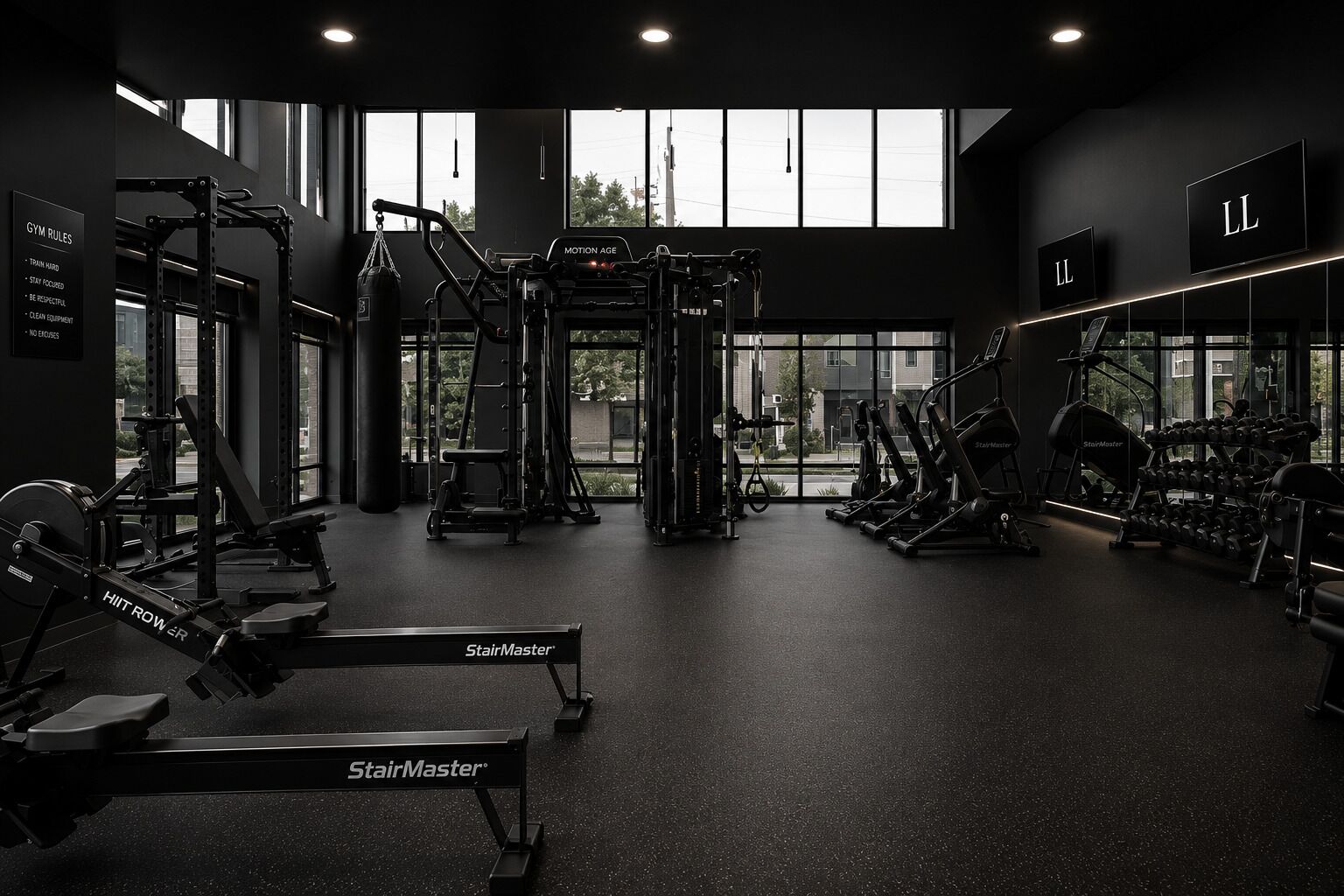 A gym with various exercise equipment, large windows, and a sign listing gym rules.