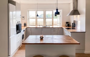 Fridge, stovetop, dishwasher, coffee/tea maker