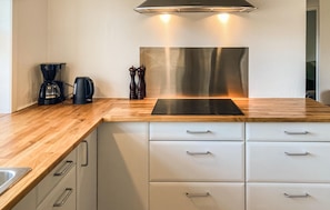 Fridge, stovetop, dishwasher, coffee/tea maker