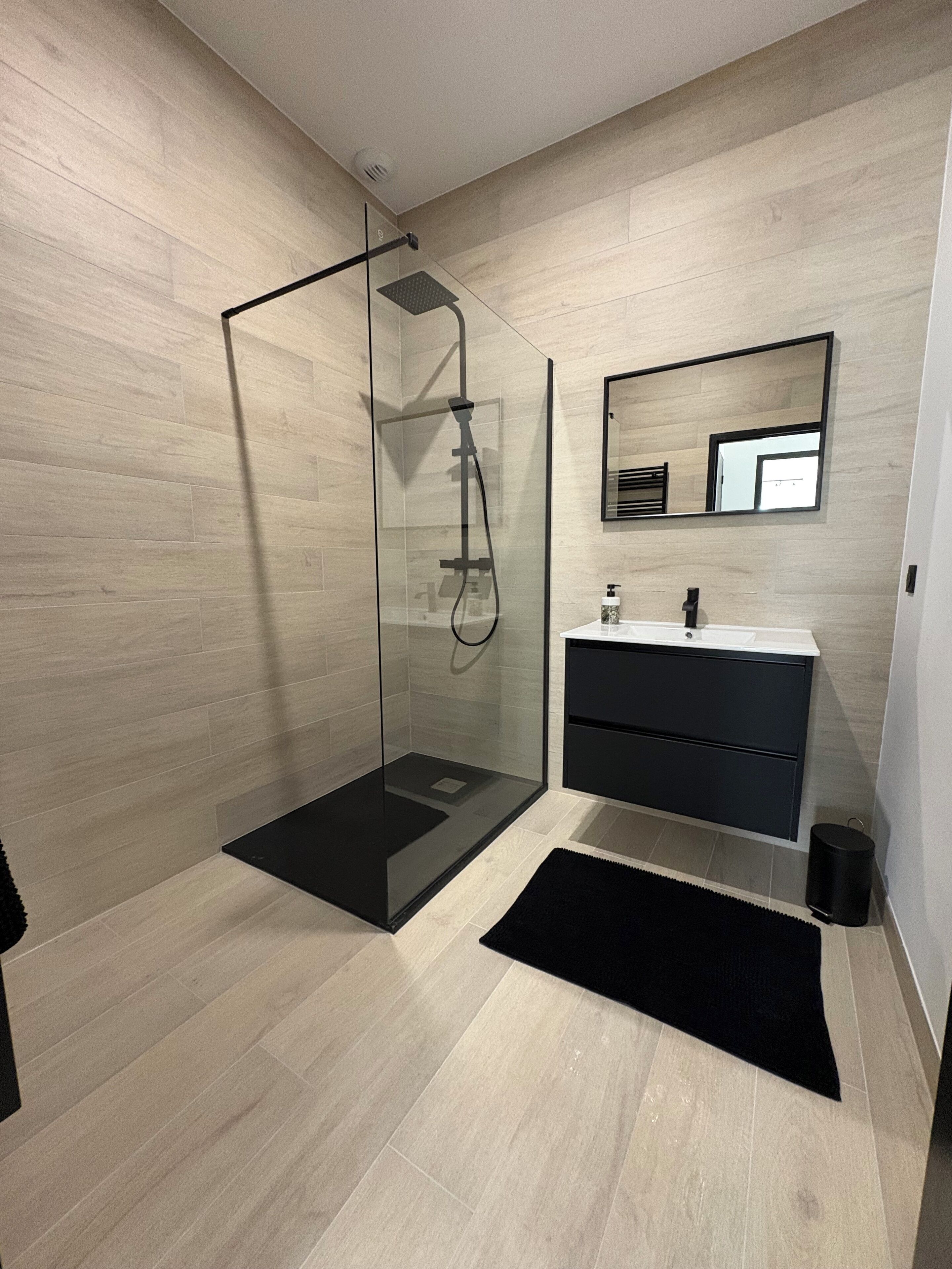 Shower, hair dryer, towels, toilet paper