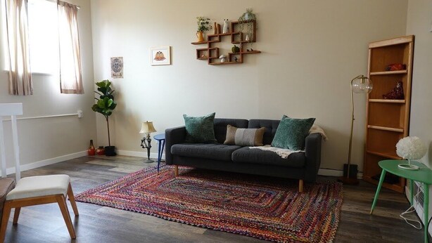 A living room with a dark sofa, colorful rug, wooden shelves, and a green side table. - Bright Arvada Townhome with Backyard, Walkable to Old Town Arvada (Arvada)