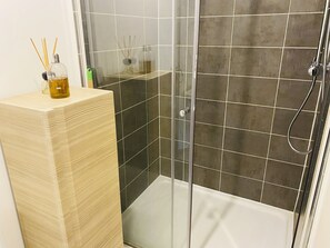 Shower, hair dryer, towels, soap