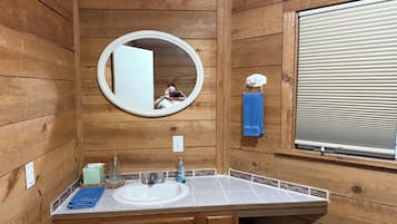 Shower, hair dryer, towels, toilet paper