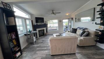 Smart TV, fireplace, video games, books